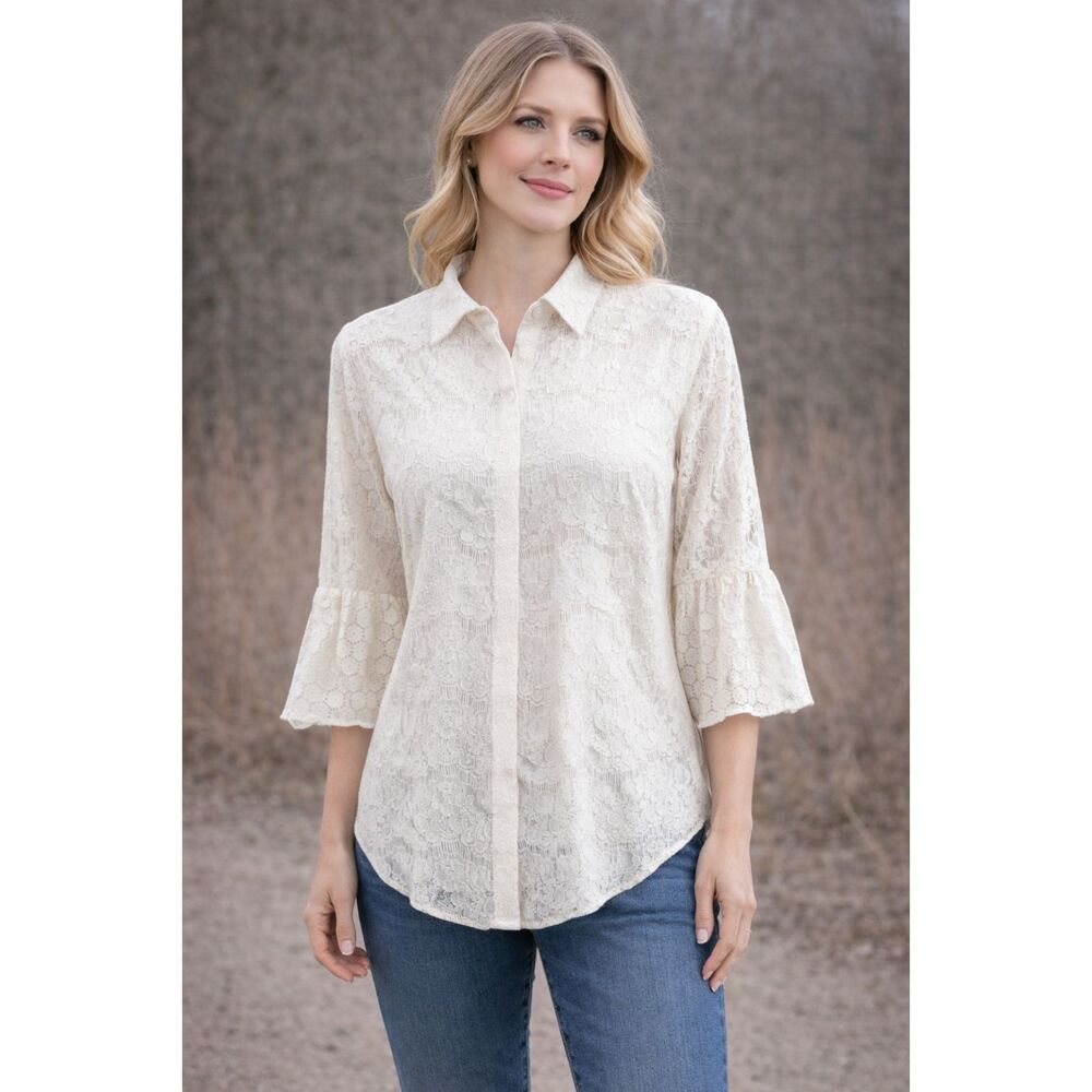 New Soft Surroundings Bell Sleeve Button Front Top Cream L